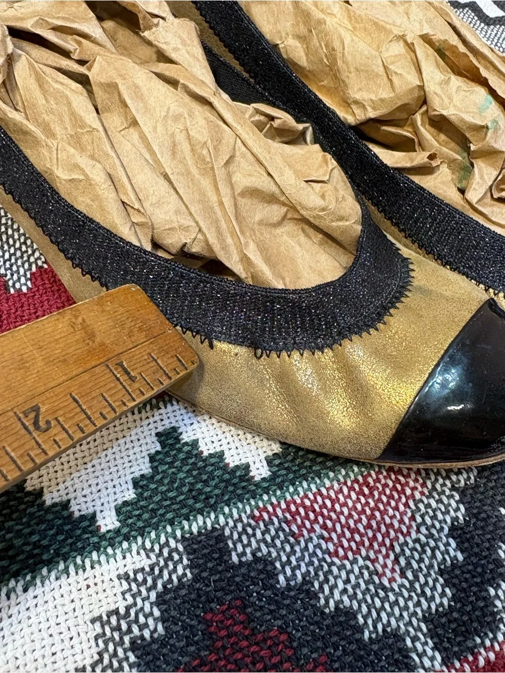 Chanel Gold and Black Cap-Toe Ballet Flats